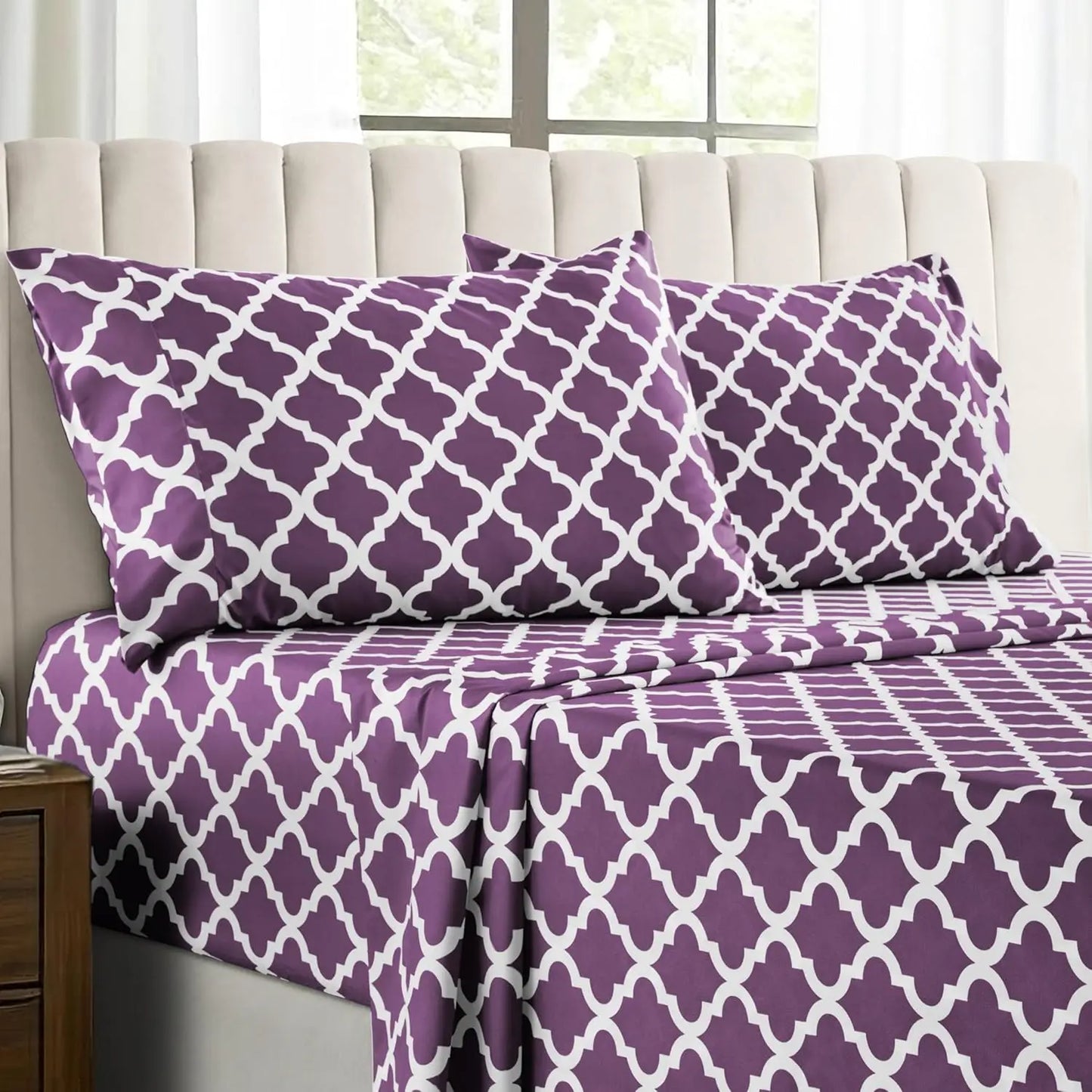 4Pc Soft Microfiber Wrinkle-Free Quatrefoil Sheet Set