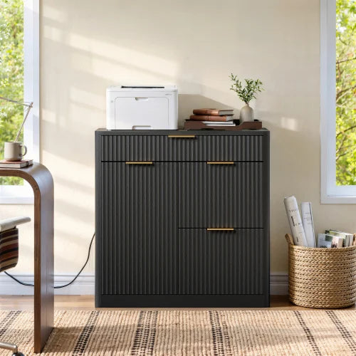 Fluted File Cabinet with Charging Station, Storage Drawers & Door