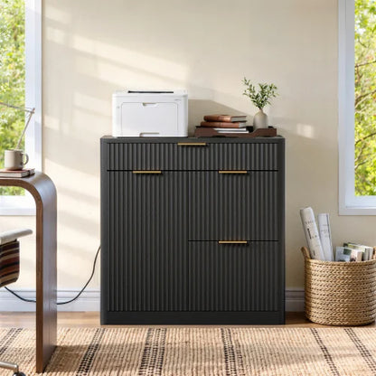 Fluted File Cabinet with Charging Station, Storage Drawers & Door