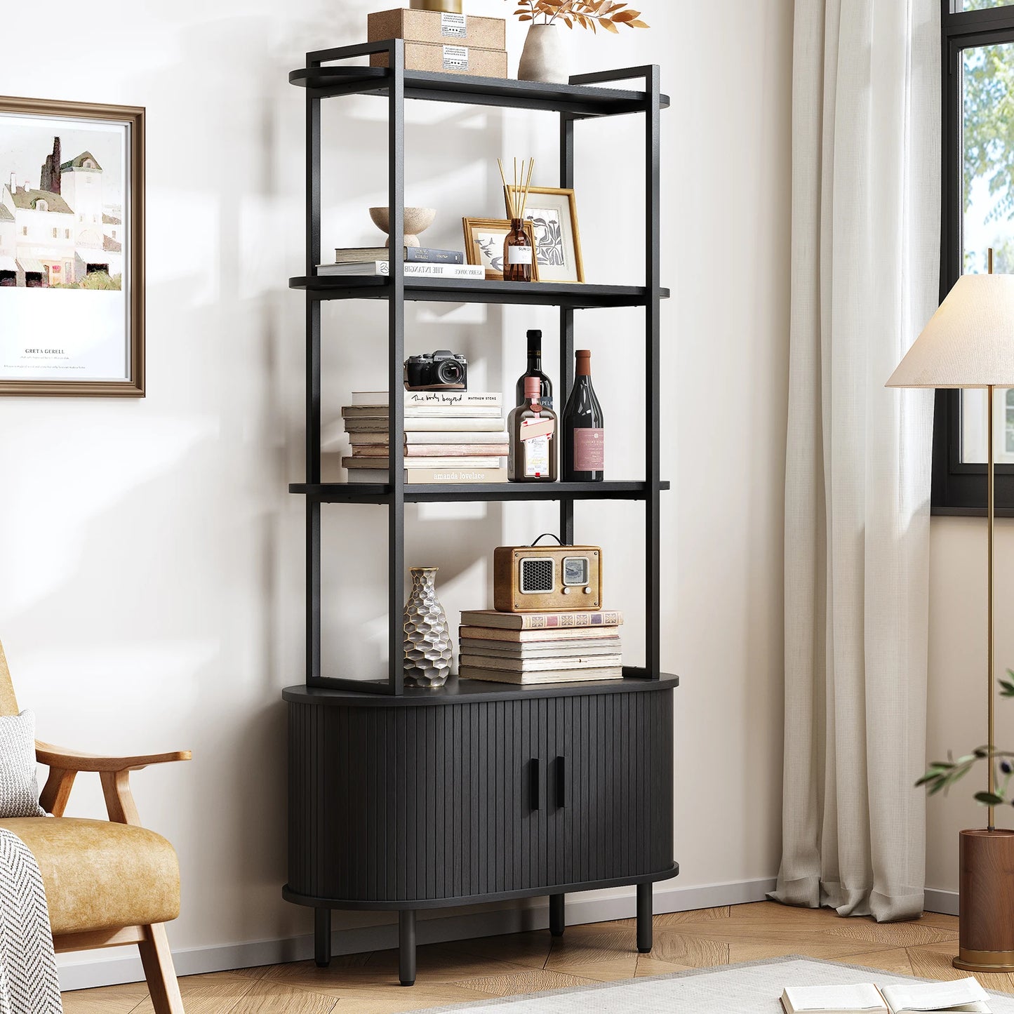 71" Tall, 4-Tier Bookshelf with Storage Cabinet