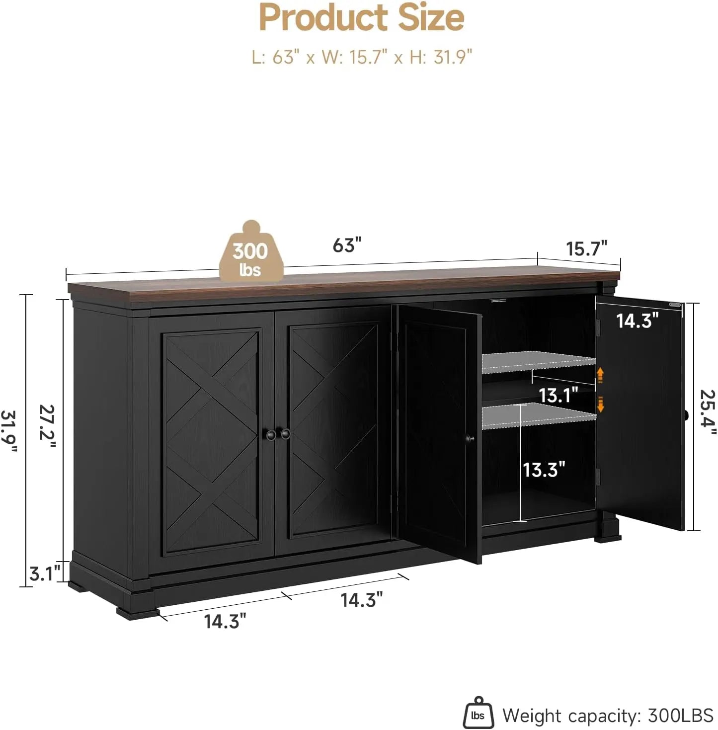 63 Inch Solid Wood Sideboard Buffet Cabinet w/ 4 Barn Doors