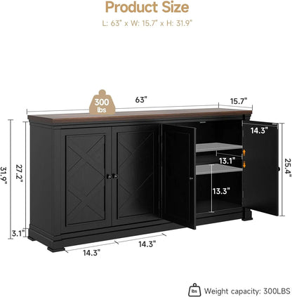 63 Inch Solid Wood Sideboard Buffet Cabinet w/ 4 Barn Doors