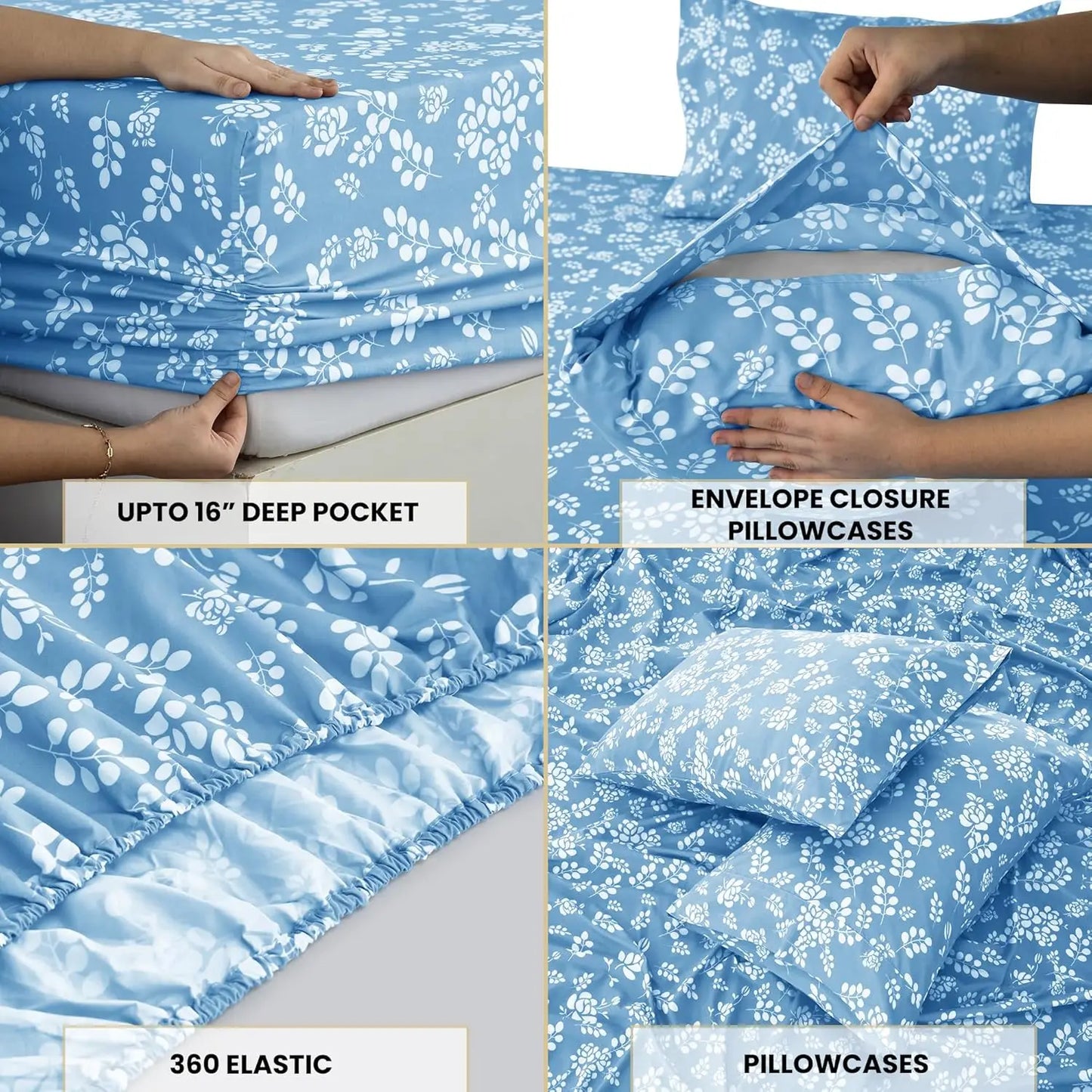 Floral Bed Sheet Set - Ultra-Soft Microfiber Sheets with 16 inch Deep Pocket