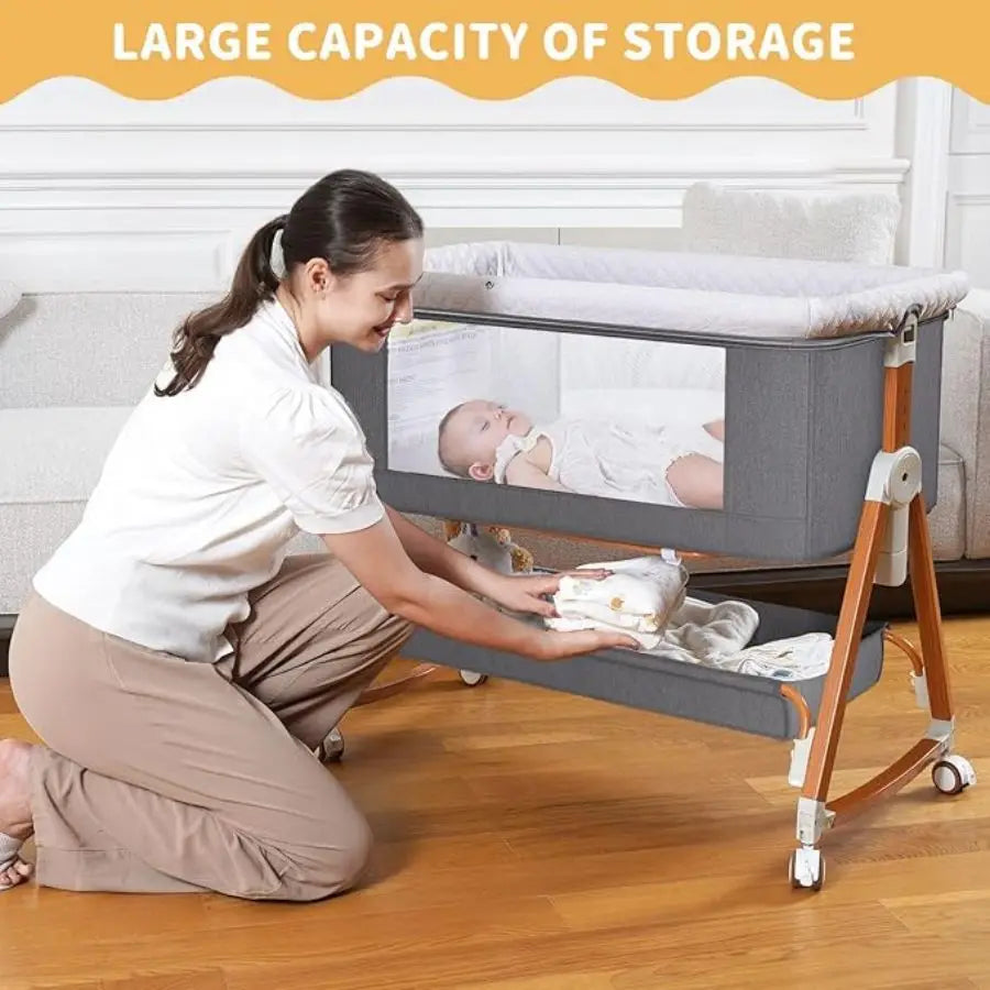 Portable Bedside Bassinet with Adjustable Height & Wheels