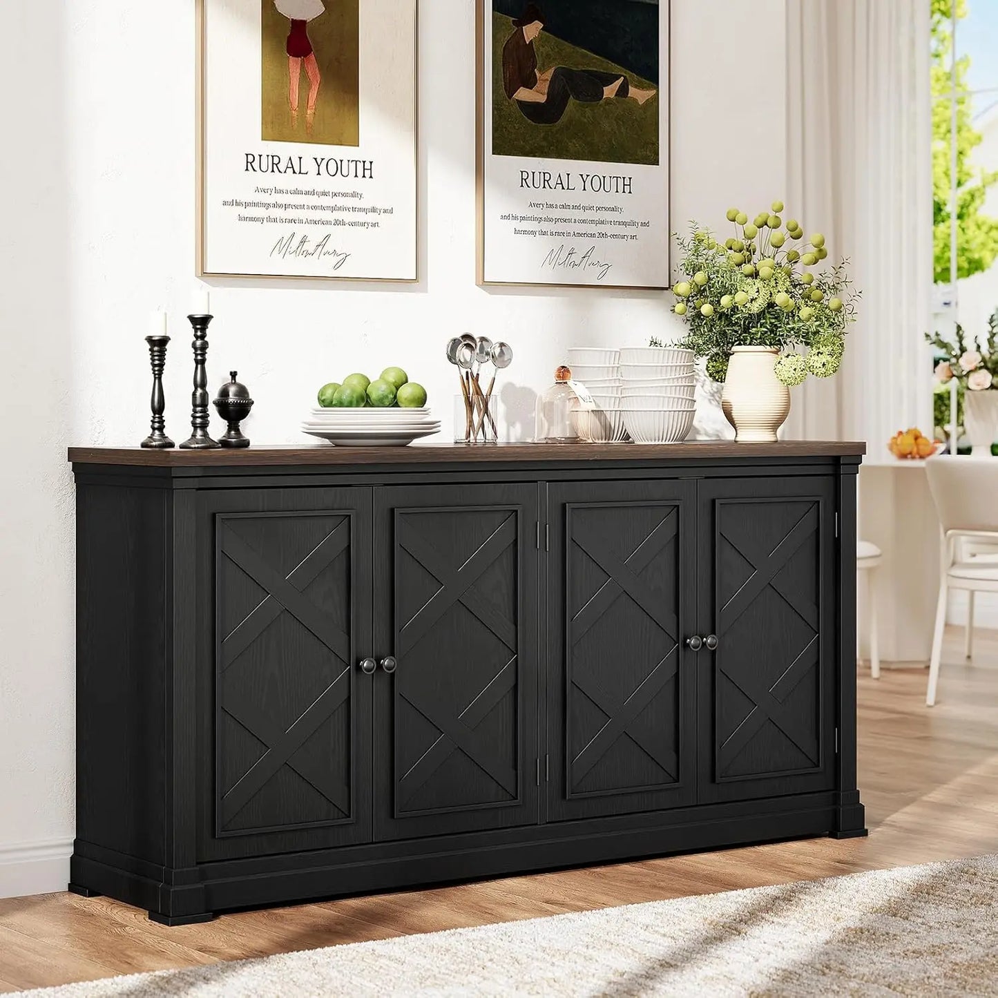 63 Inch Solid Wood Sideboard Buffet Cabinet w/ 4 Barn Doors