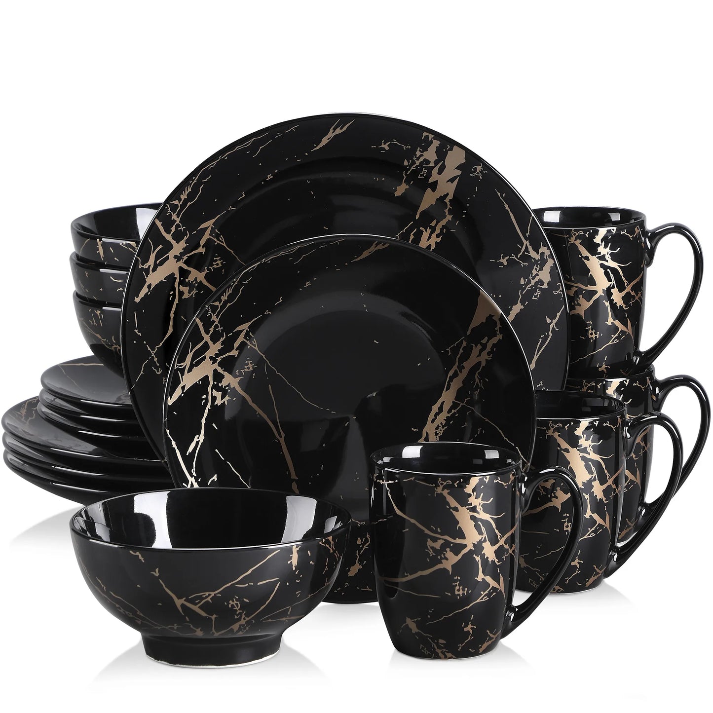 Black 16/32/48 Porcelain Dinnerware Set Design by Gold Splash with Dinner Plates, Cake plates, Bowls & Coffee Cups