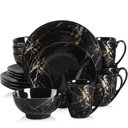 Black 16/32/48 Porcelain Dinnerware Set Design by Gold Splash with Dinner Plates, Cake plates, Bowls & Coffee Cups