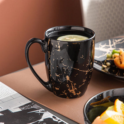 Black 16/32/48 Porcelain Dinnerware Set Design by Gold Splash with Dinner Plates, Cake plates, Bowls & Coffee Cups
