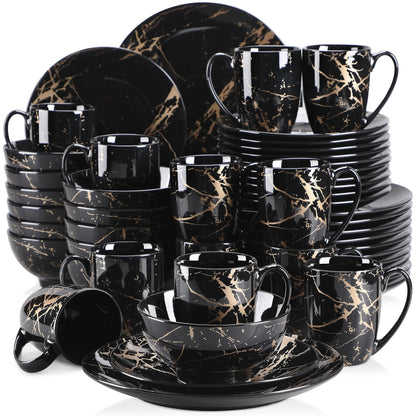 Black 16/32/48 Porcelain Dinnerware Set Design by Gold Splash with Dinner Plates, Cake plates, Bowls & Coffee Cups