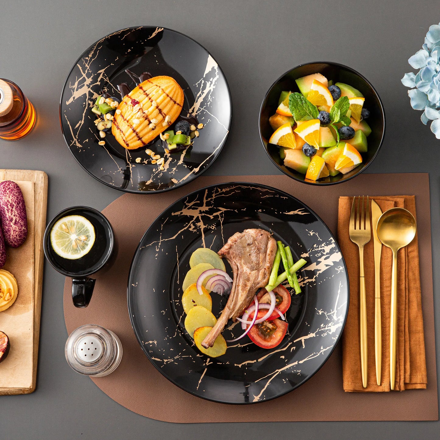 Black 16/32/48 Porcelain Dinnerware Set Design by Gold Splash with Dinner Plates, Cake plates, Bowls & Coffee Cups