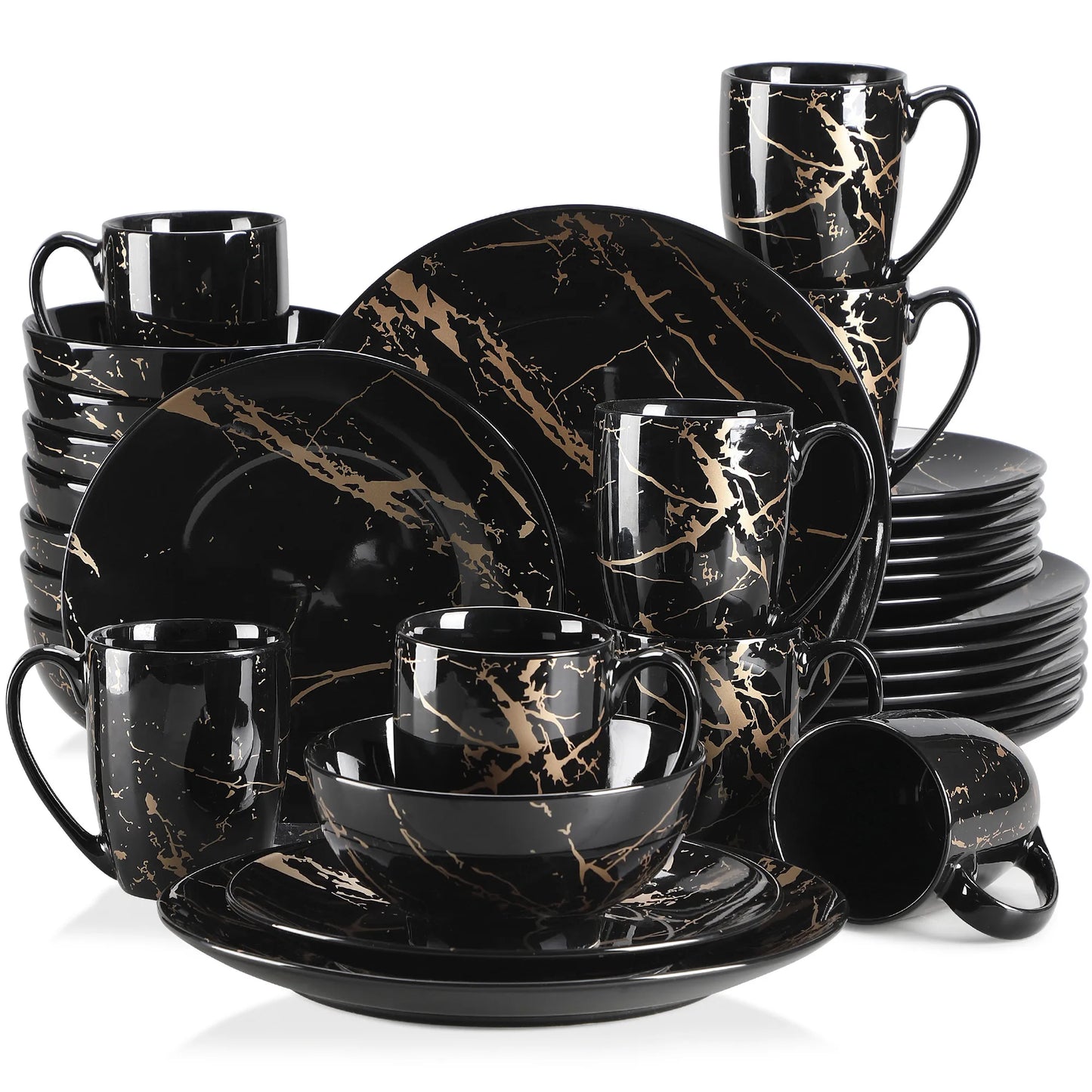 Black 16/32/48 Porcelain Dinnerware Set Design by Gold Splash with Dinner Plates, Cake plates, Bowls & Coffee Cups