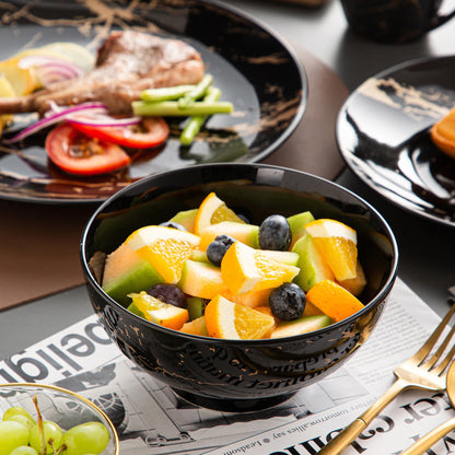 Black 16/32/48 Porcelain Dinnerware Set Design by Gold Splash with Dinner Plates, Cake plates, Bowls & Coffee Cups