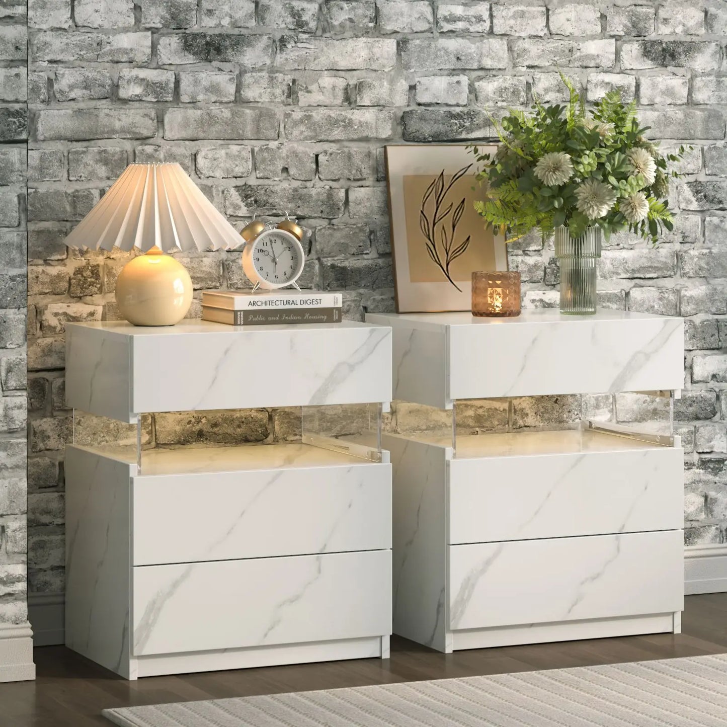 Bedside Tables Set with LED Lighting & 3 Drawers