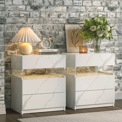 Bedside Tables Set with LED Lighting & 3 Drawers