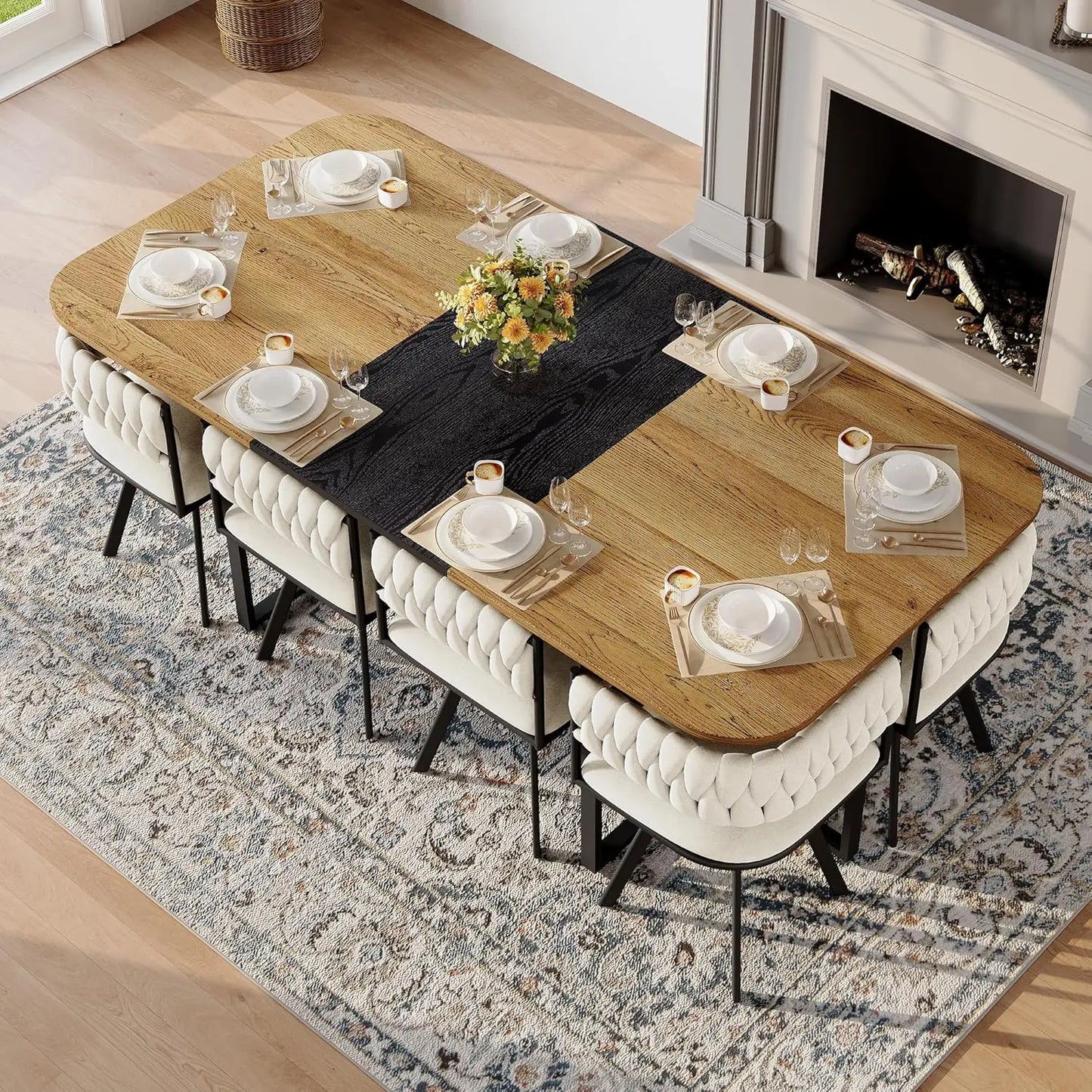 9-Piece Space-Saving Two-Tone Wood Grain Dining Table Set