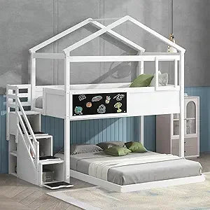 Stairway House Bunk Bed Frame with Storage and Guard Rail