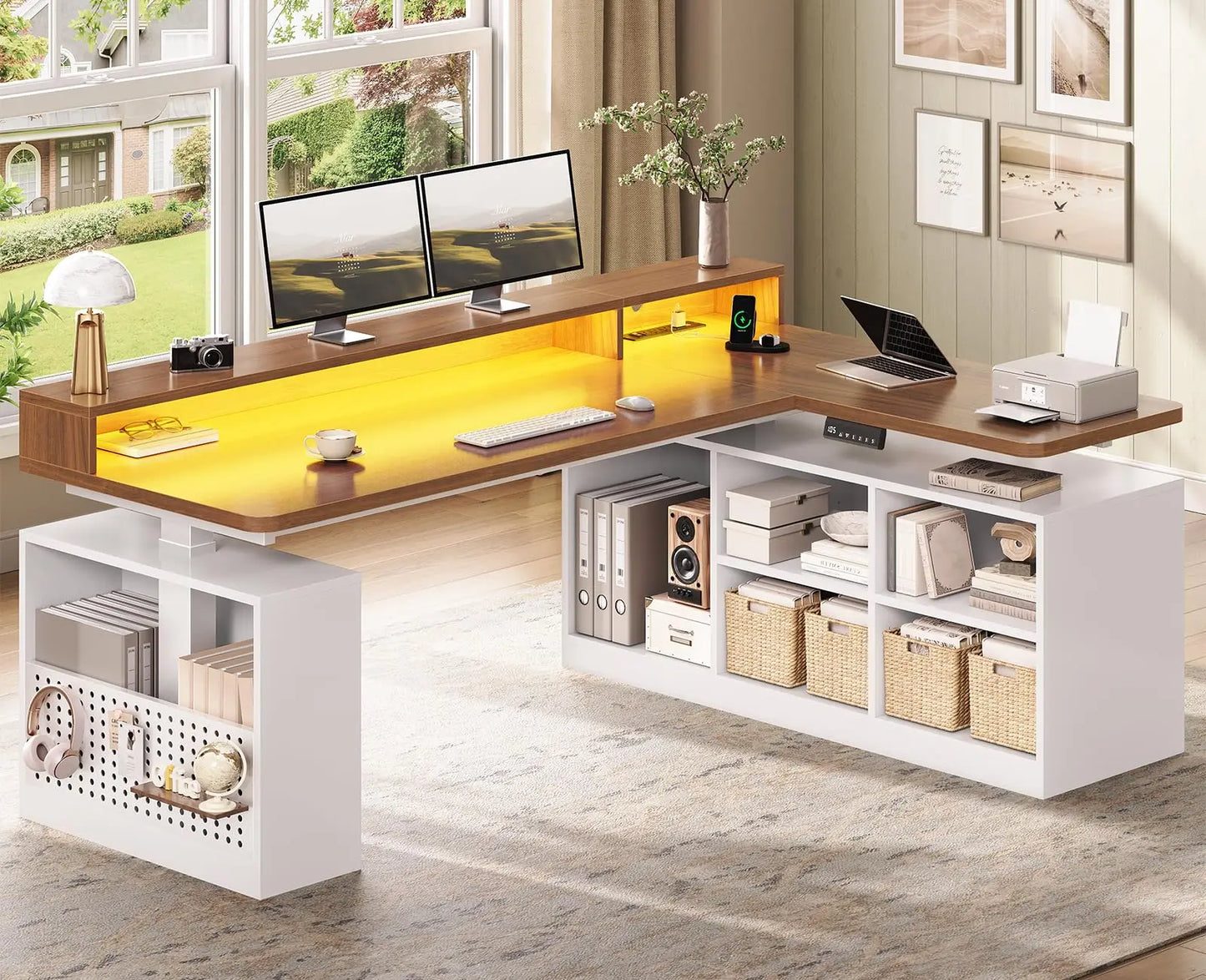 L Shaped Electric Standing Desk with Storage Shelves & LED Lights