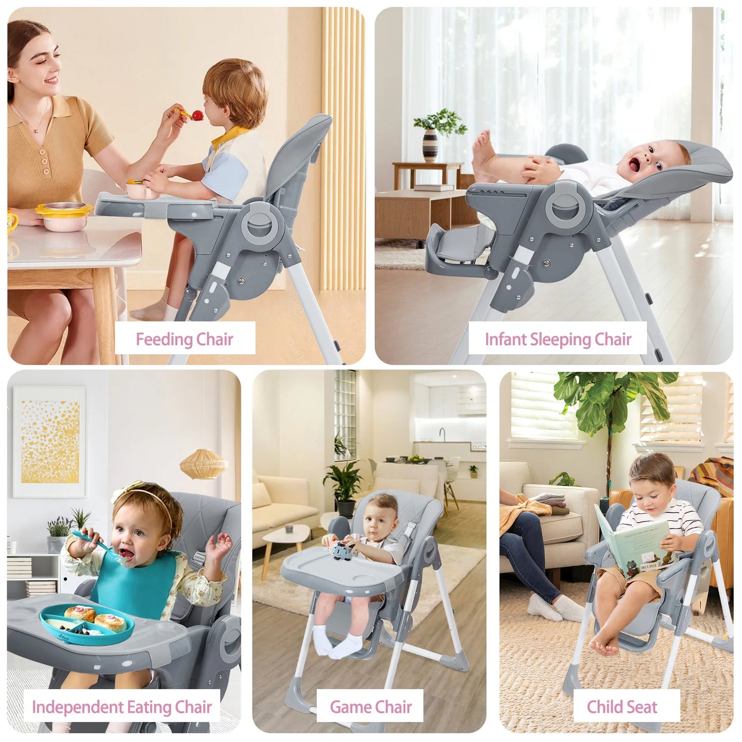 Foldable Infant High Chair with Adjustable Height and Recline