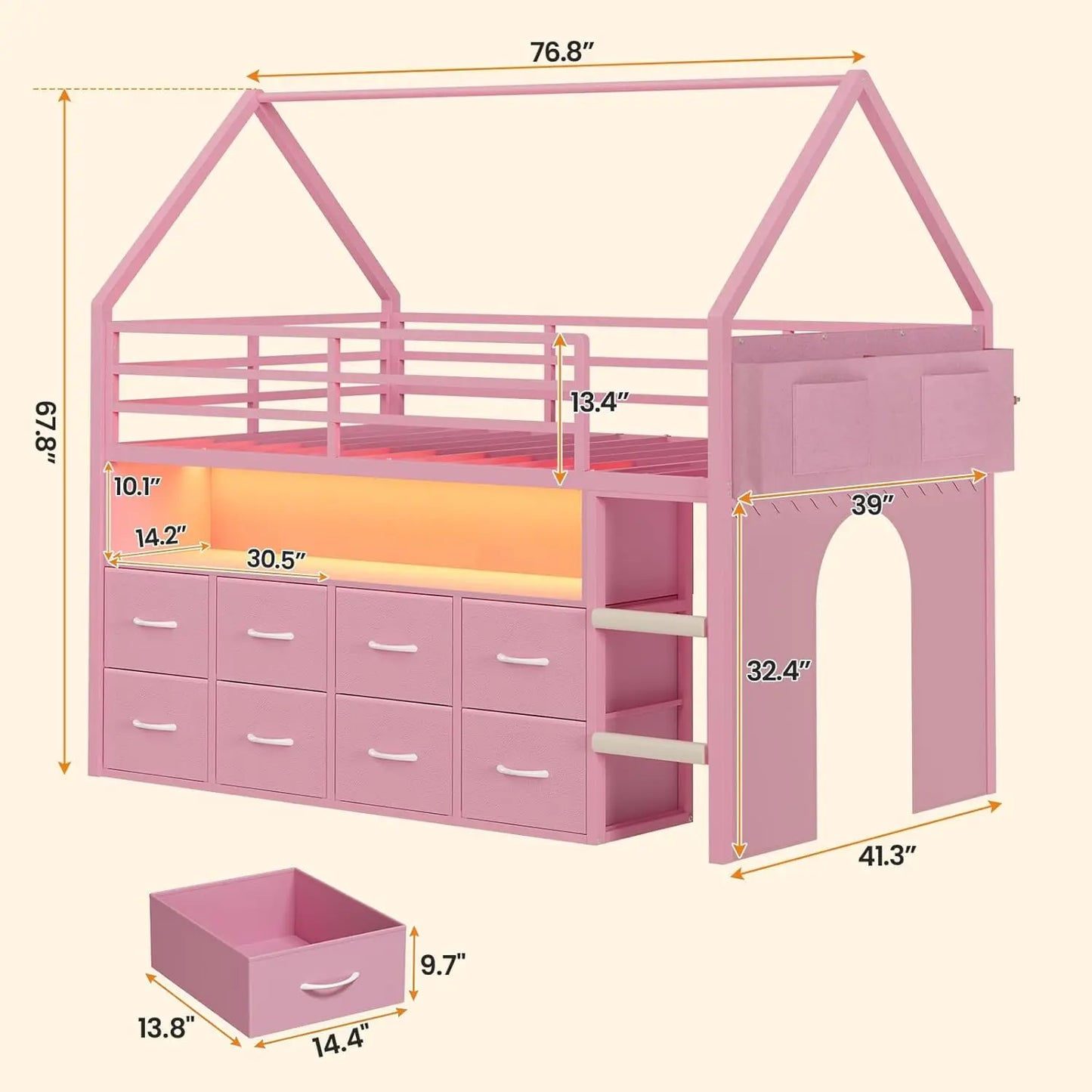 House Shaped Metal Twin Bed with Bookcase & Storage Drawers