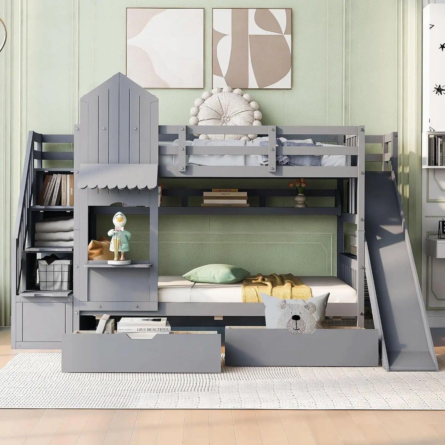 Castle Style Kids Bunk Bed with Stairs and Slide