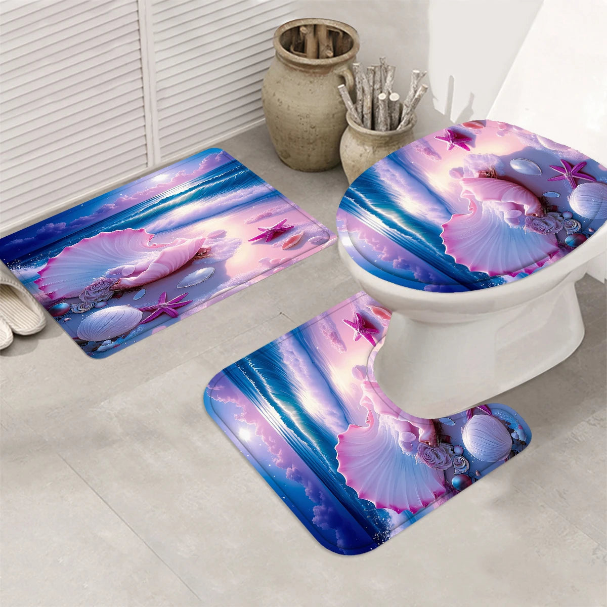 4 Pcs Pink Seashell Beach Shower Curtain Bathroom Set