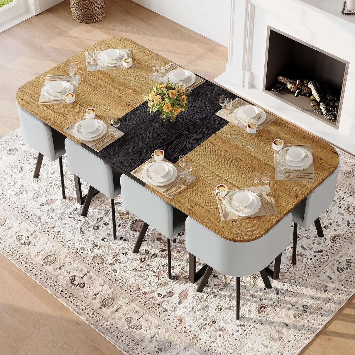 9-Piece Space-Saving Two-Tone Wood Grain Dining Table Set