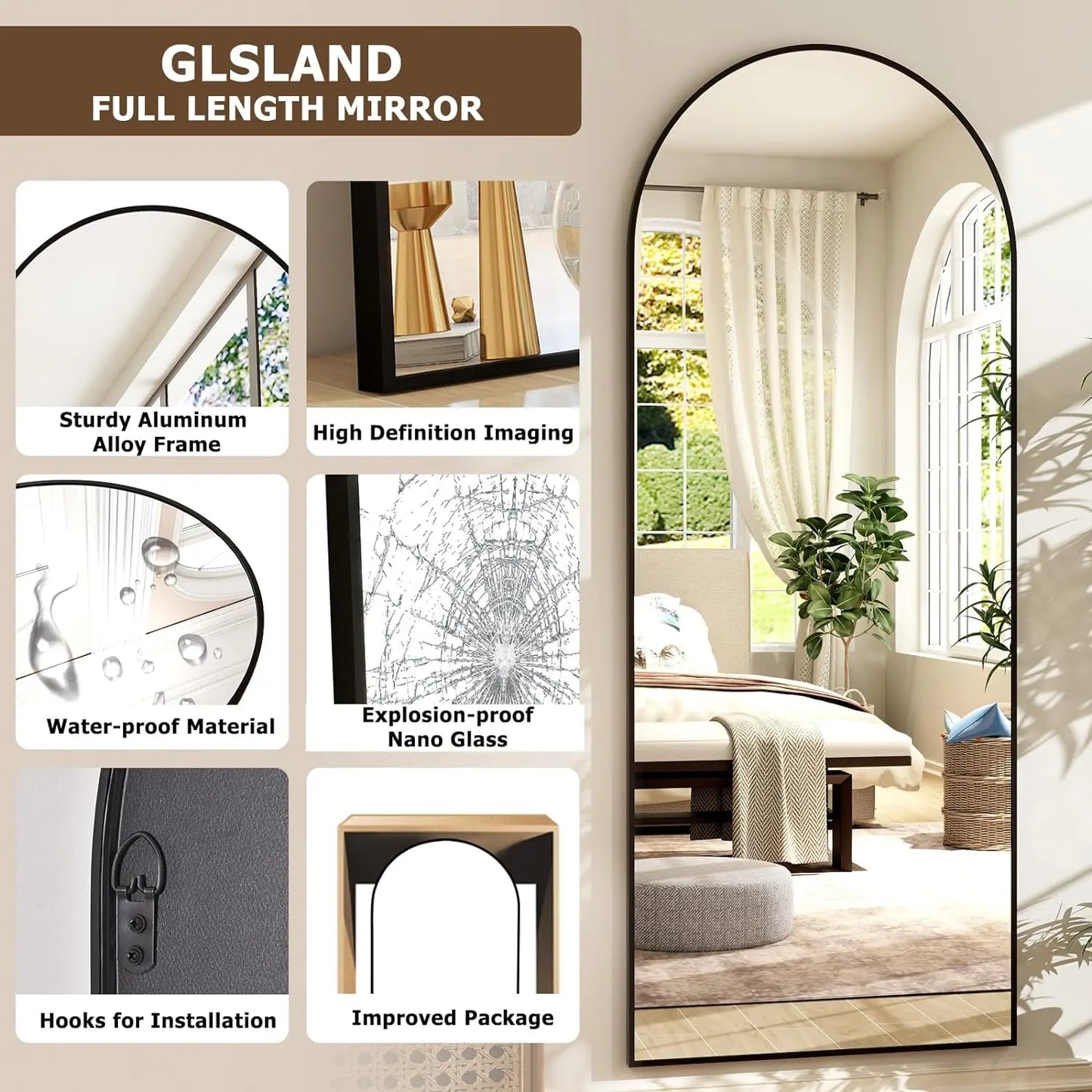 21 x 64 inch Arched Full Length High-Definition Mirror