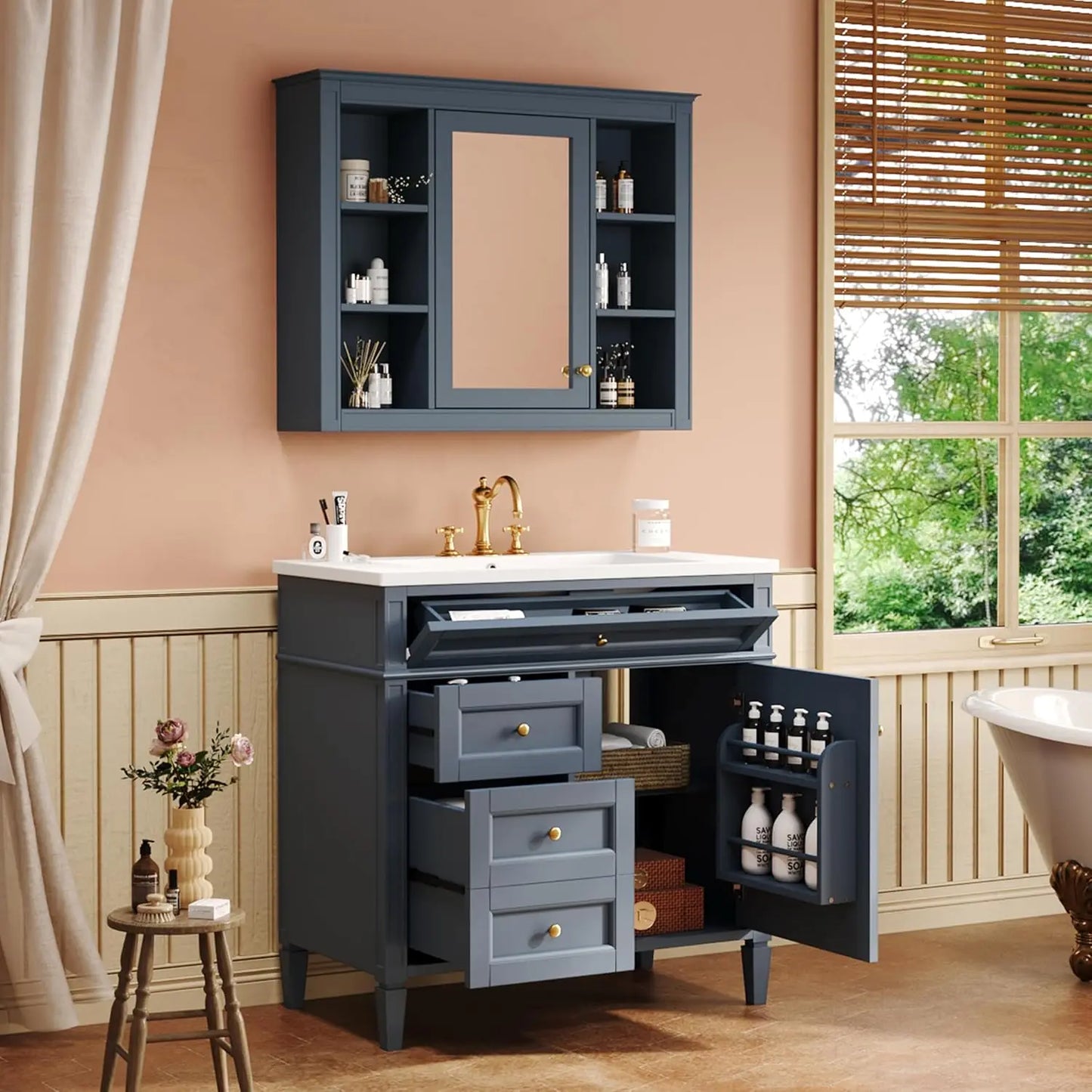 36" Bathroom Vanity Set with Mirror, Cabinet & Single Sink