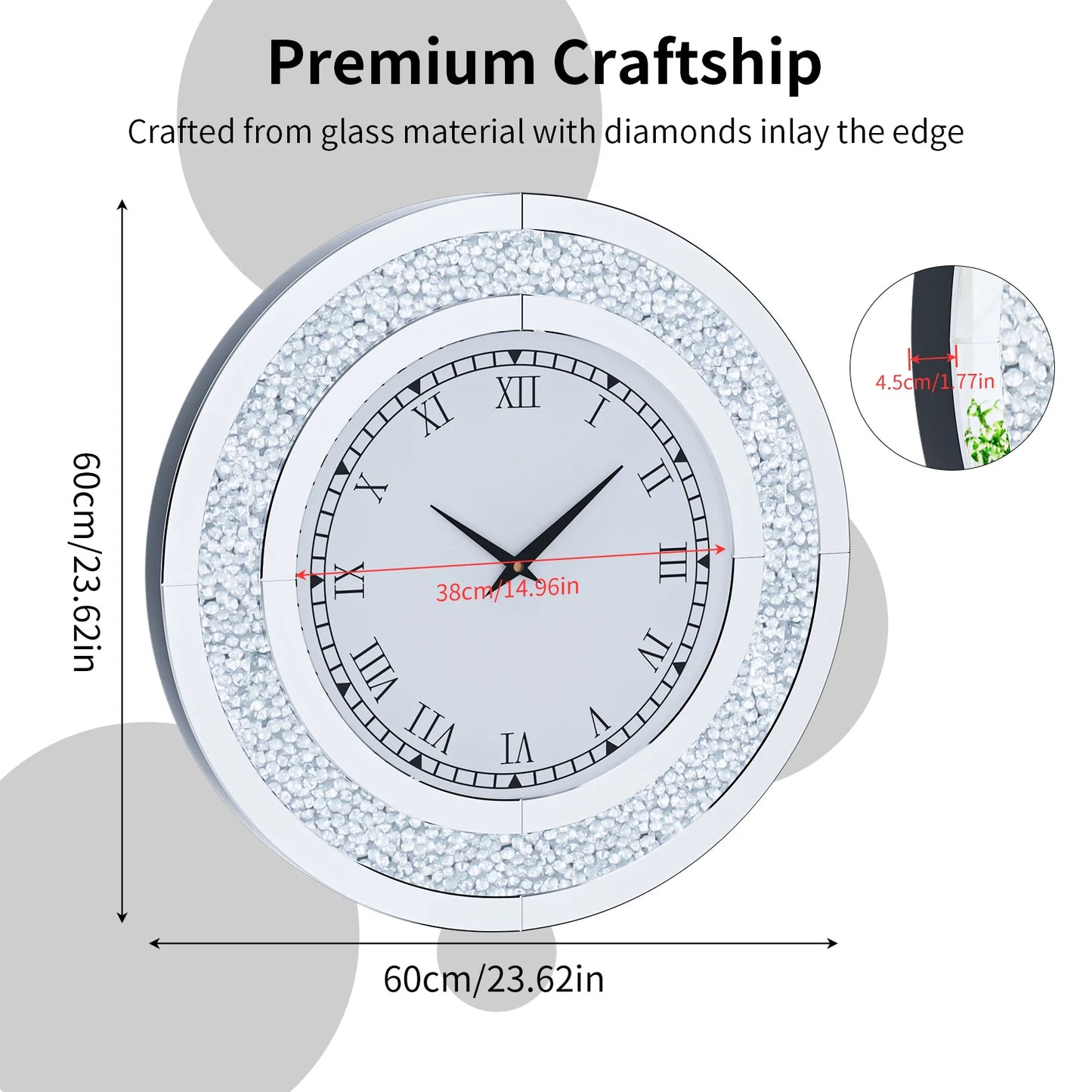 Silver, Tawny Tinted Mirrored Wall Clock with Sparkle Crush Diamond