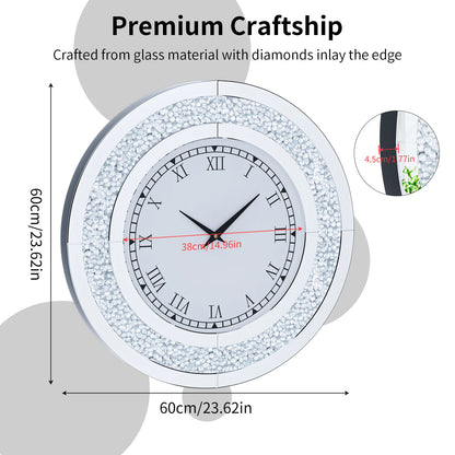 Silver, Tawny Tinted Mirrored Wall Clock with Sparkle Crush Diamond