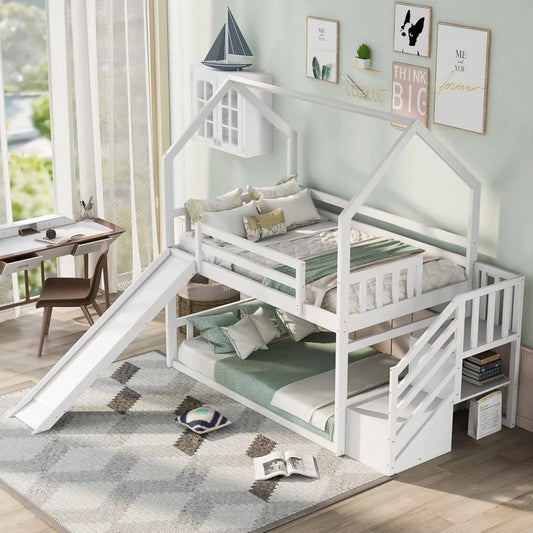 Twin Over Twin Bunk Bed with Slide & Storage Staircase