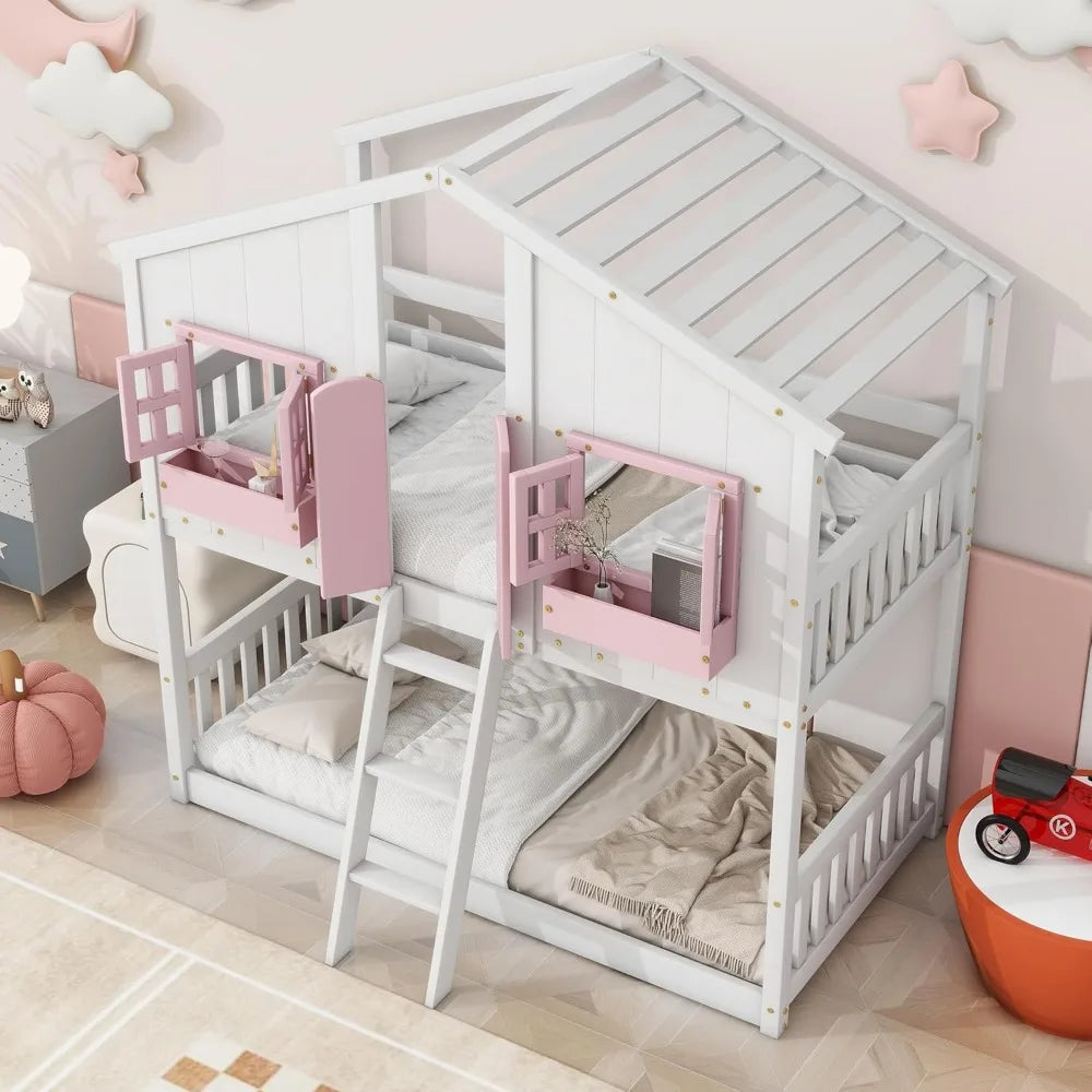 Floor House Bunk Bed with Roof and Window