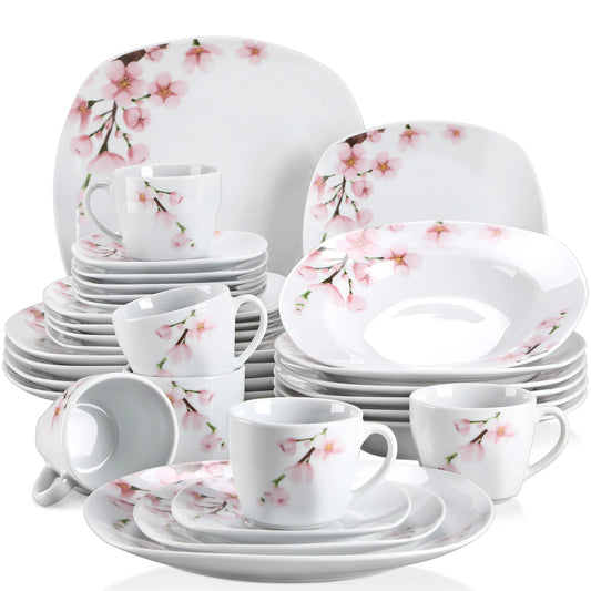 30/24/20 Pcs Porcelain Pink Floral Plates Dinner Set with Dinner Plate/Dessert/Soup/Cup/Saucer