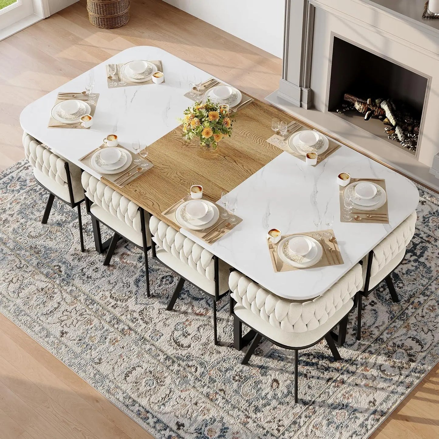 9-Piece Space-Saving Two-Tone Wood Grain Dining Table Set