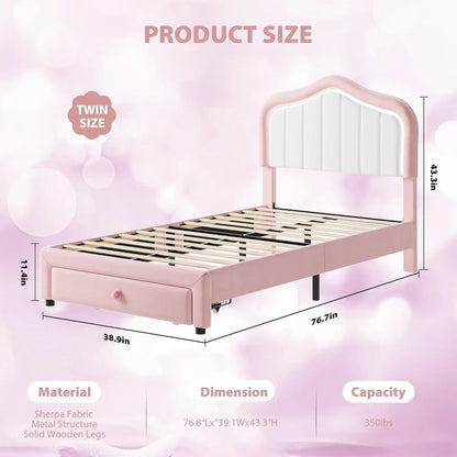 Kids Modern Princess Style Upholstered Bed Frame with LED Crown Headboard
