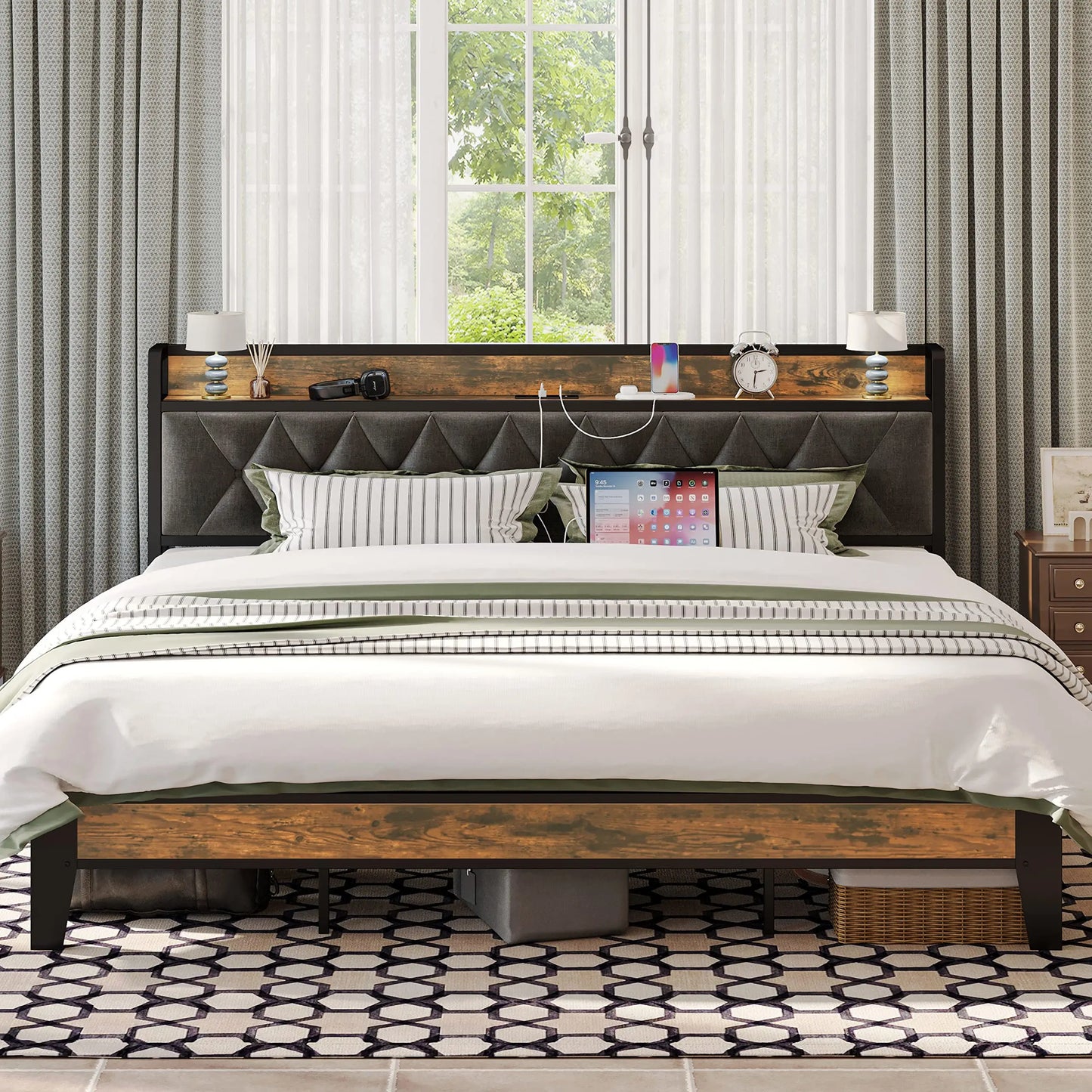 Multi Size Bed Frames with Storage Headboard