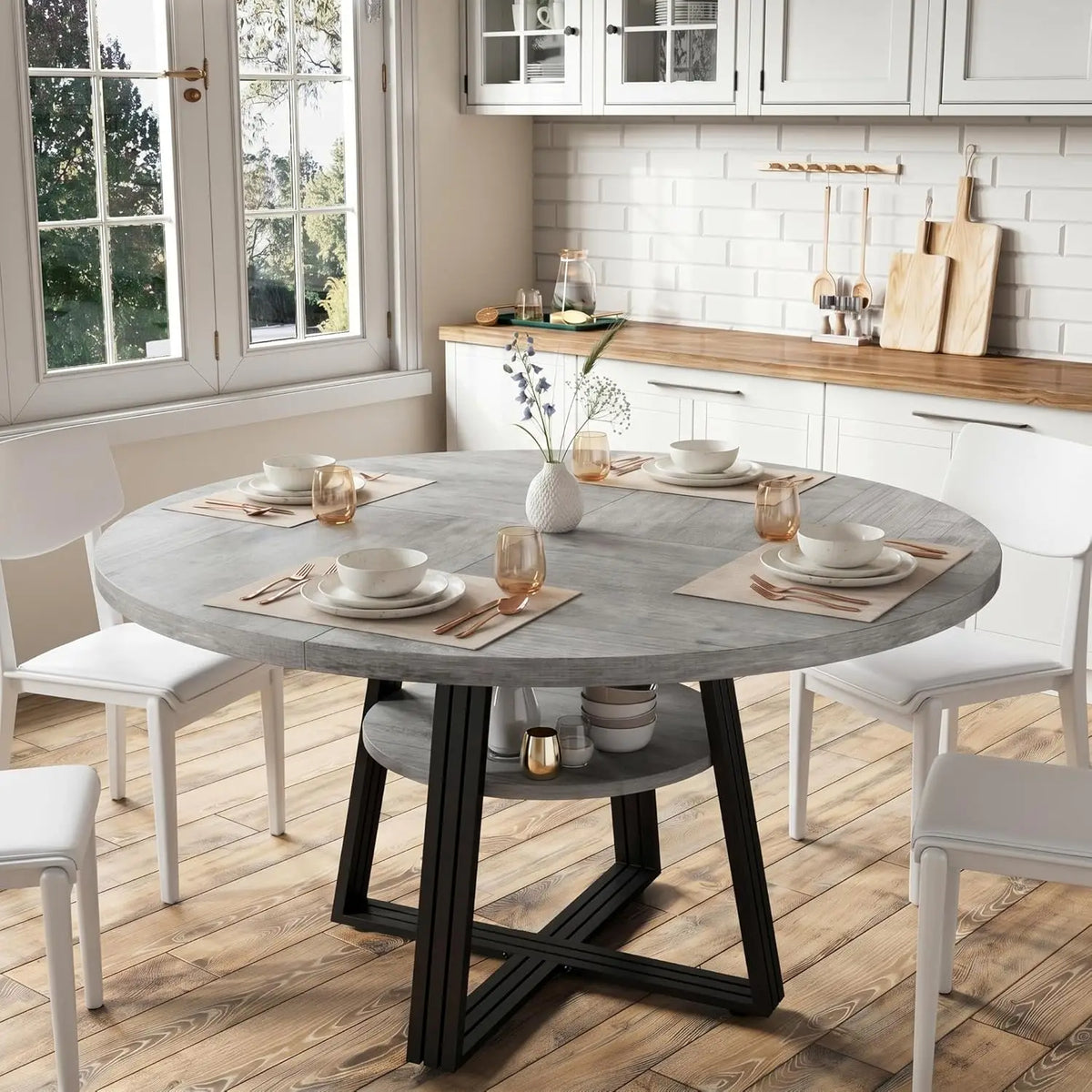 Round Farmhouse Dining Table with Shelf