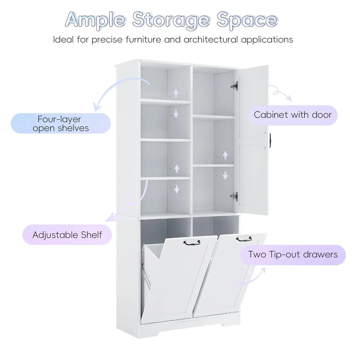 68" Tall Bathroom Storage Cabinet with 2 Tilt Out Laundry Hamper Door & Adjustable Shelves