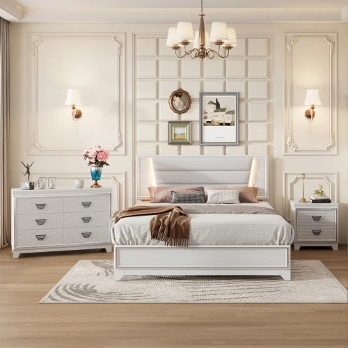 3 PCS Queen Bedroom Sets, Upholstered Bed, Nightstands & Dresser