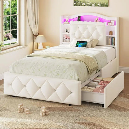 Kids Bed with Bookcase Headboard, Storage Drawers & LED Lights