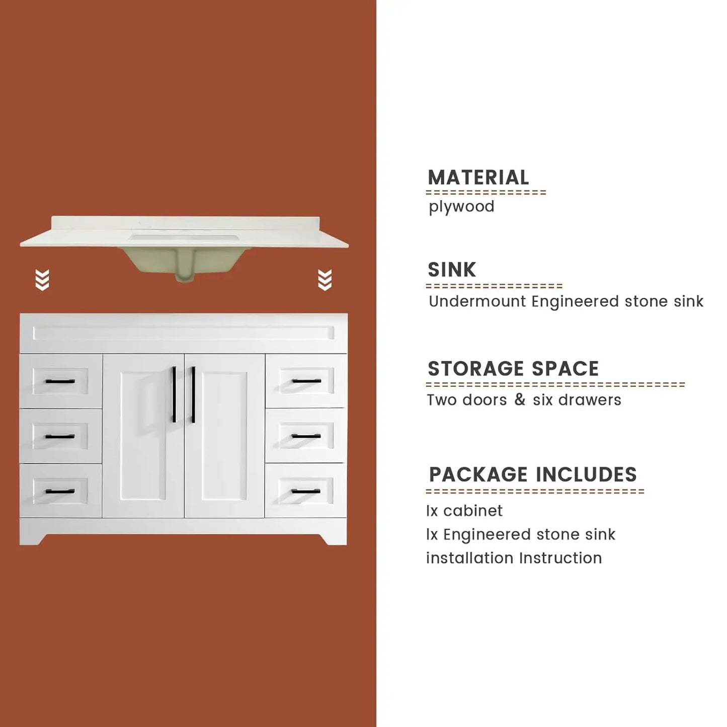 48" White Stone Top Vanity Cabinet with Soft Close Doors 6 Drawers