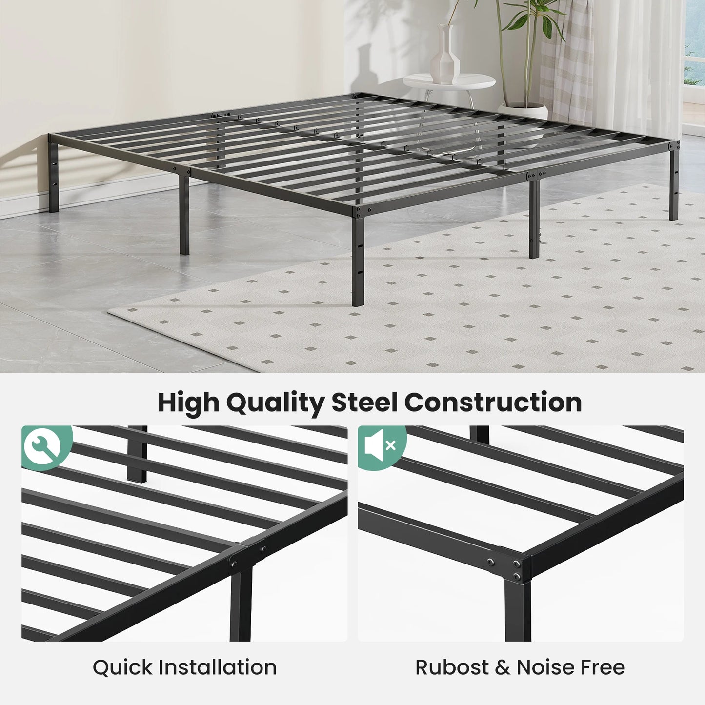 Basic Sturdy Steel Slat Support Bed Frame with 12" Storage Space