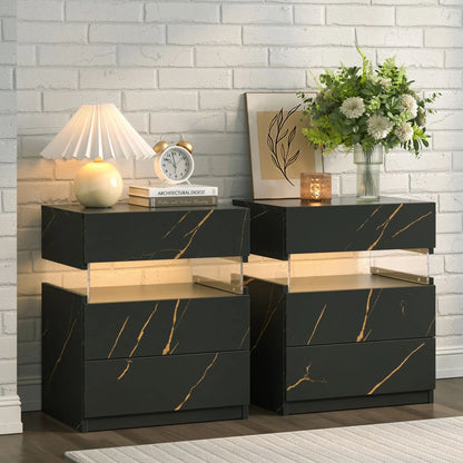 Bedside Tables Set with LED Lighting & 3 Drawers
