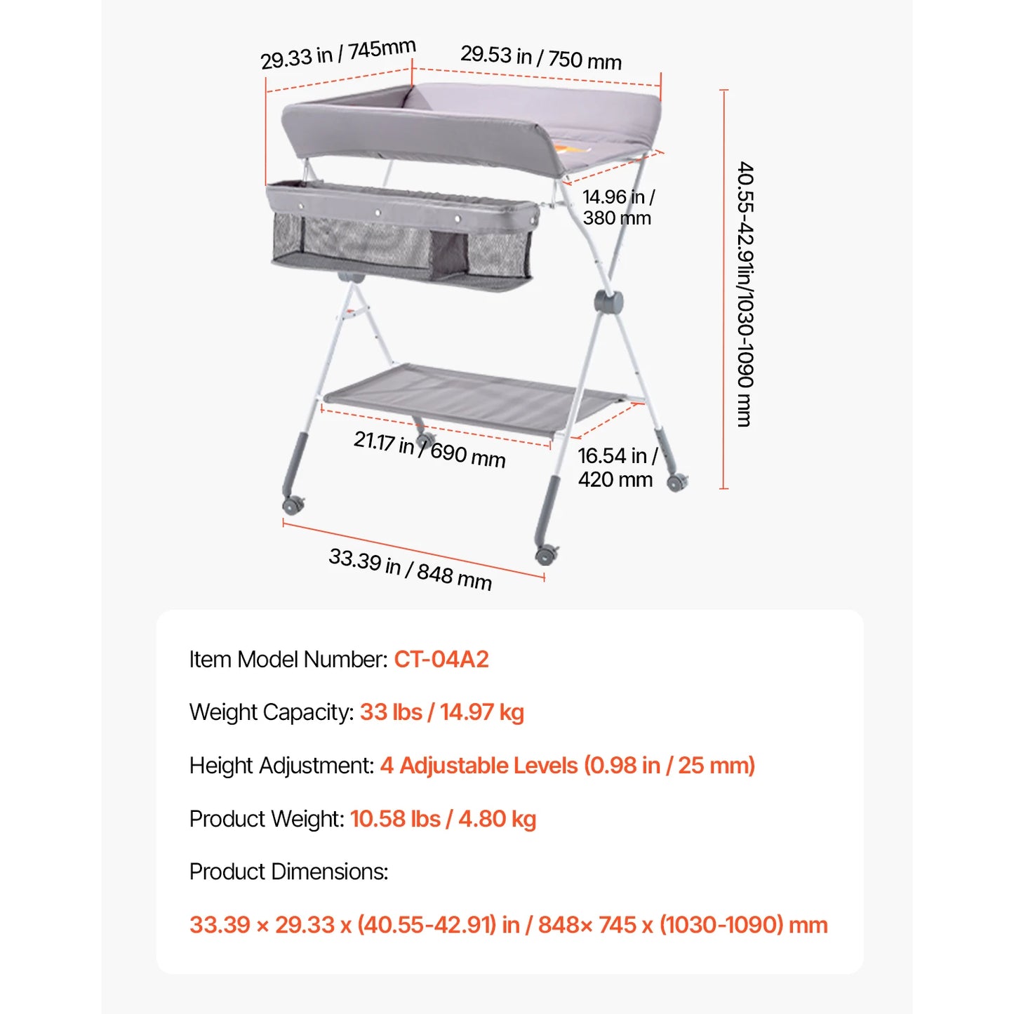 Foldable Diaper Changing Station with 2 Fabric Drawers & Side Basket