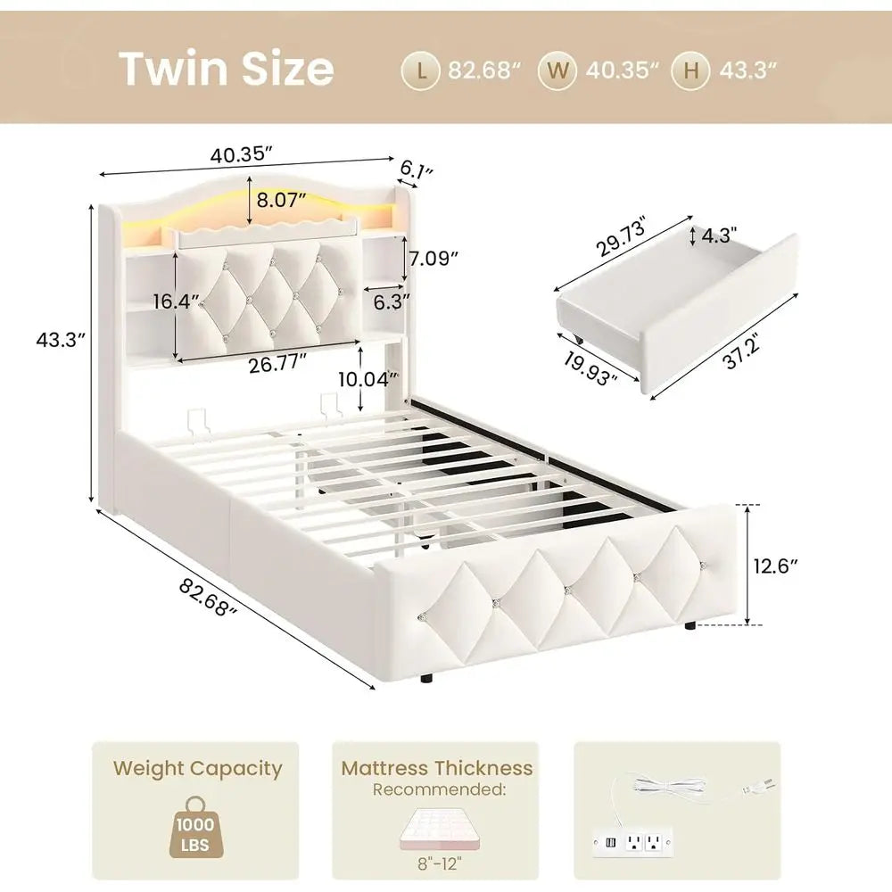 Kids Bed with Bookcase Headboard, Storage Drawers & LED Lights