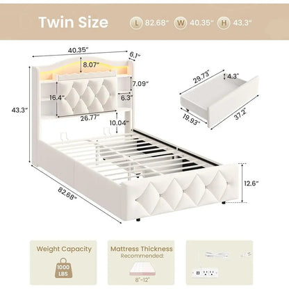 Kids Bed with Bookcase Headboard, Storage Drawers & LED Lights