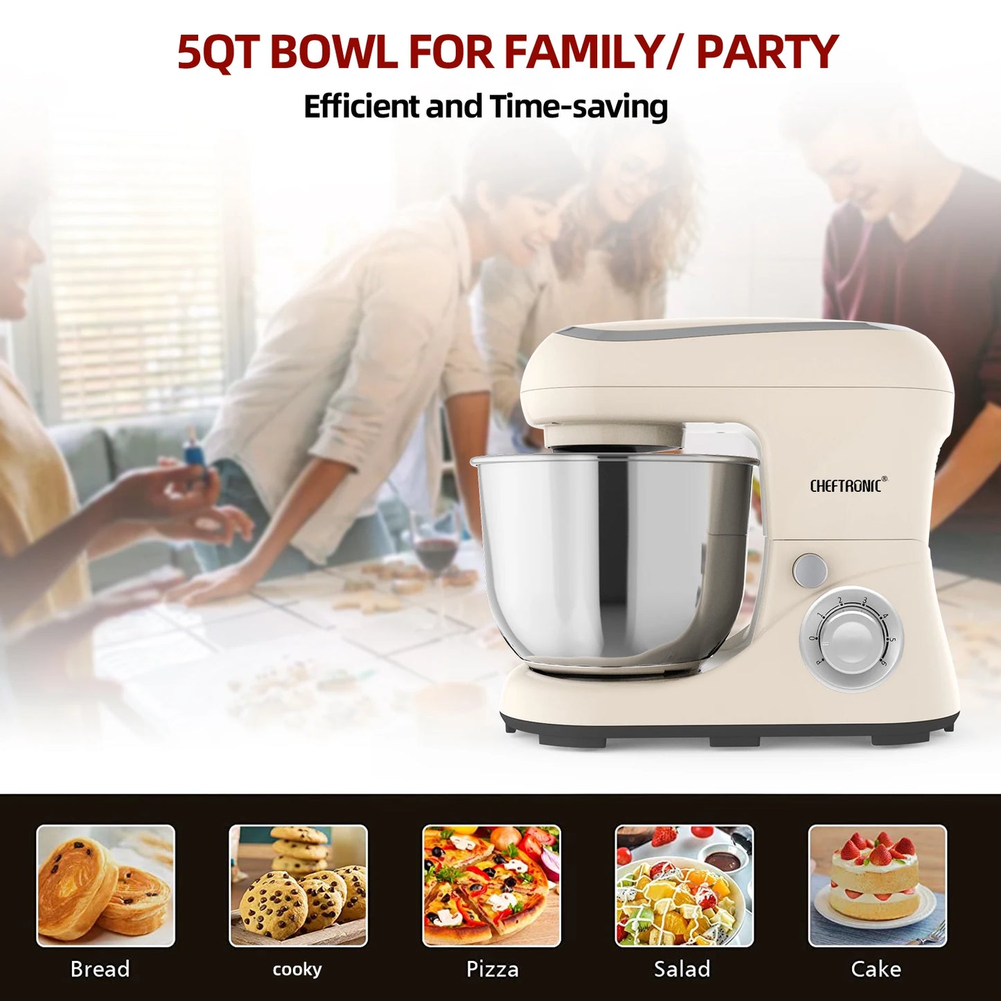 5 Qt Tilt-Head Electric Stand Mixer with 6+P Speeds