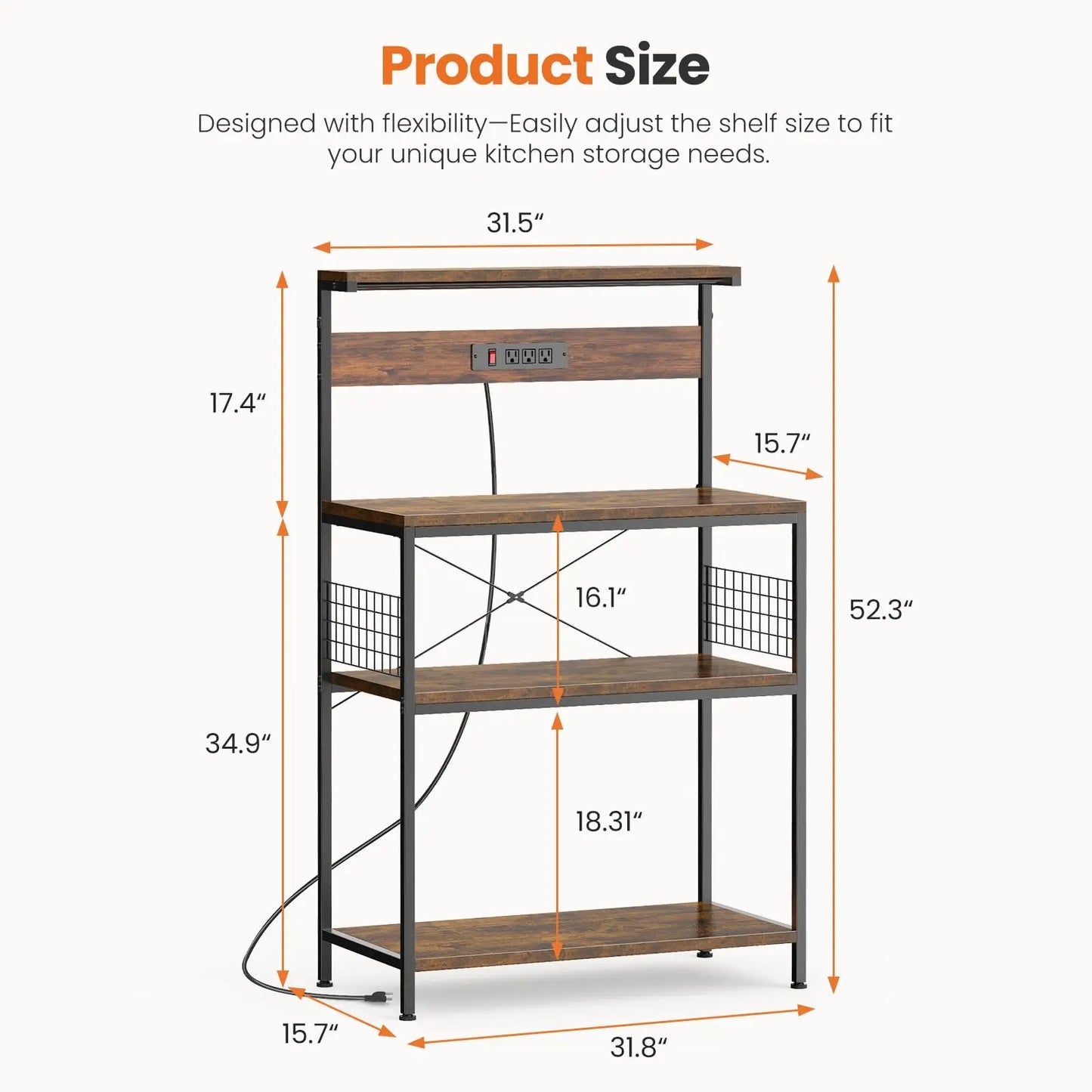 Kitchen Bakers Rack with Power Outlet & Adjustable Storage Shelf