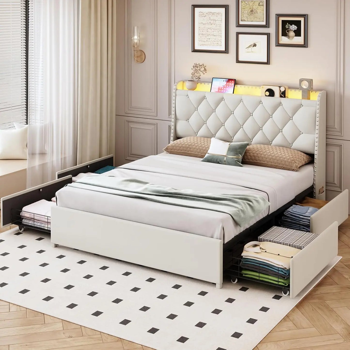 Queen Size Upholstered Platform Bed with LED Lights, Charging Station, 4 Drawers & Storage Shelf