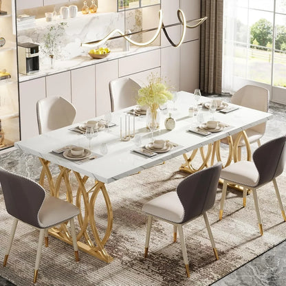Faux Marble Modern Dining Table with Golden Geometric Legs